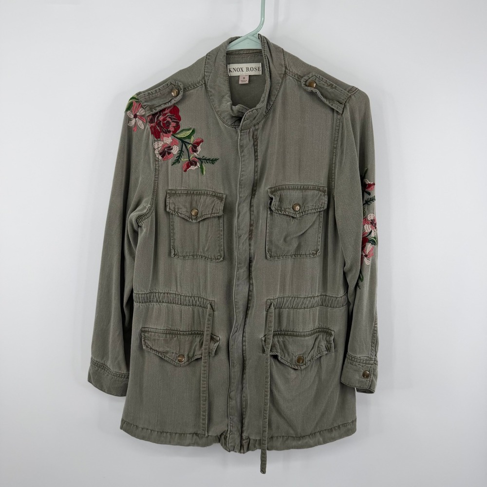Knox Rose Utility Jacket Womens Medium Green Floral Embroidered Full Zip Utility